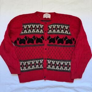 Vintage Susan Bristol New Traditions Scottie Dog Cardigan Sweater Red XL